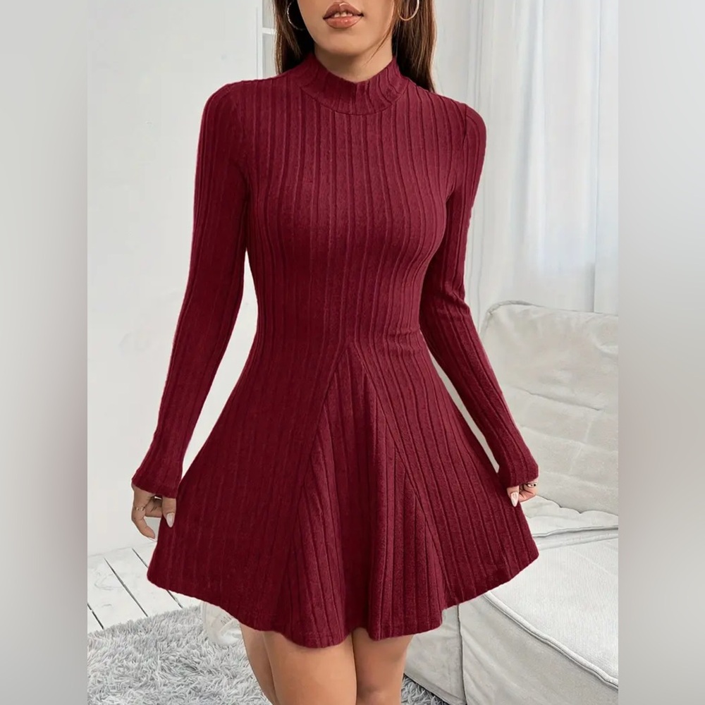 Elegant Burgundy Ribbed Knit Dress New Boutique - Picture 4 of 4